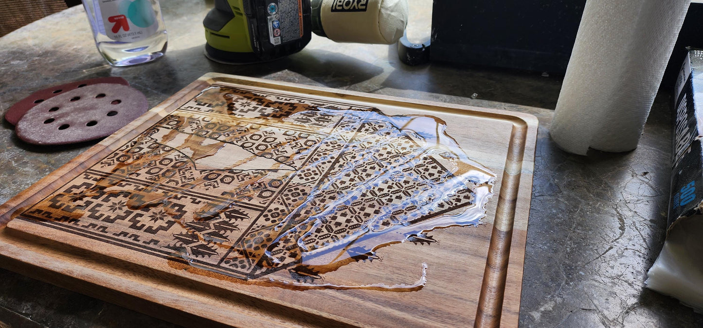 Wooden Cutting Board with Palestinian Tatreez Design - Reversable Acacia Figment Cutting Boards - Customizable