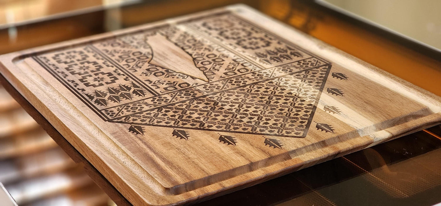 Wooden Cutting Board with Palestinian Tatreez Design - Reversable Acacia Figment Cutting Boards - Customizable